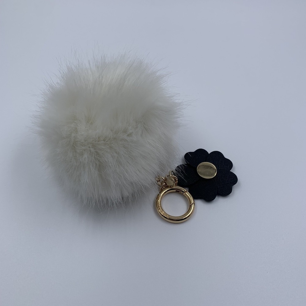 Michael Kors White Fur Pom Pom Keychain Bag Charm Gold Tone Ring Black Flower